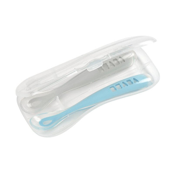 Béaba Set of 2 Soft Silicone Spoons + Gray/Blue Case
