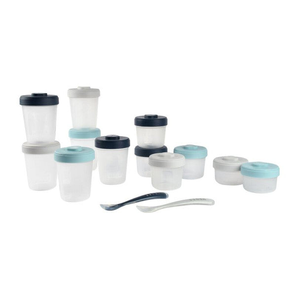 Béaba Set 12 Containers + 2 Silicone Spoons Grey/Blue