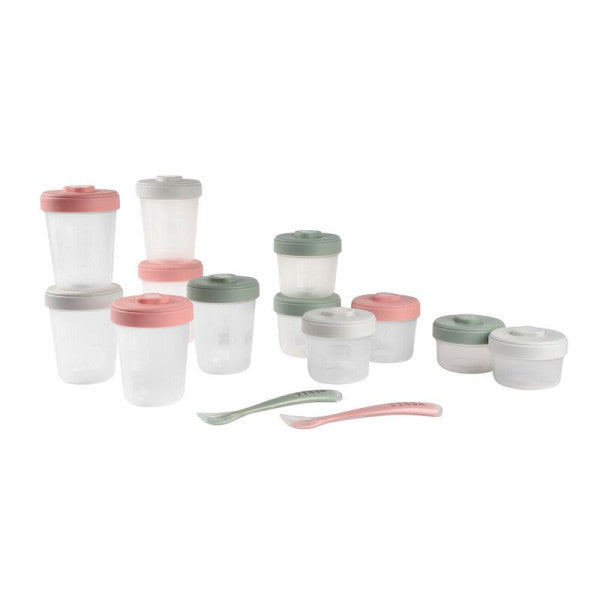 Béaba Set 12 Containers + 2 Silicone Spoons Green/Pink