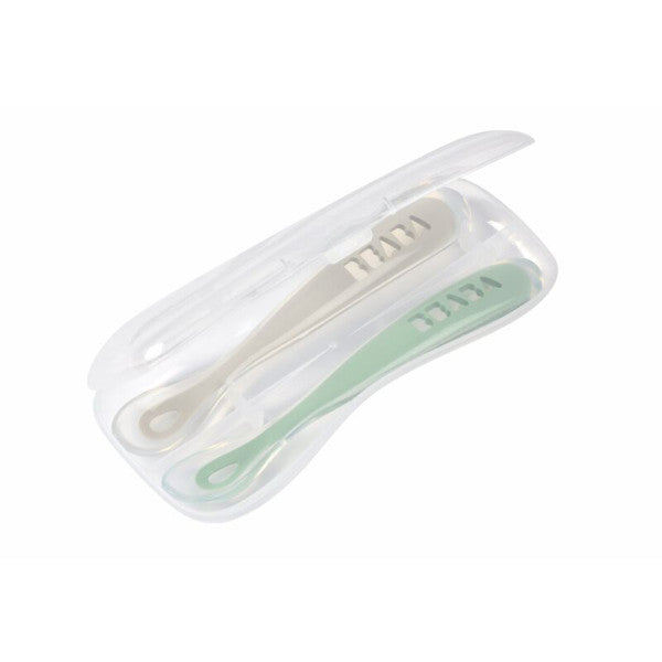 Béaba Set of 2 Soft Silicone Spoons + Gray/Green Case